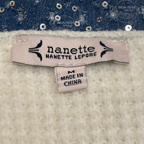 Nanette Lepore M Cardigan NWOT | Cream Knit, Denim Sequin Trim, Gold Buttons - Picture 4 of 9